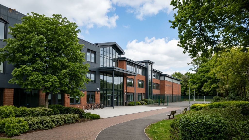 Exterior view of Westmoor Secondary School showing a modern brick and glass academic building with landscaped grounds, pathways, trees, and outdoor seating areas.