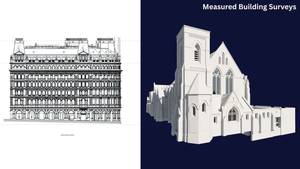 If the image is 2D measured building plans and a 3D BIM Revit model created from drone survey data, use: