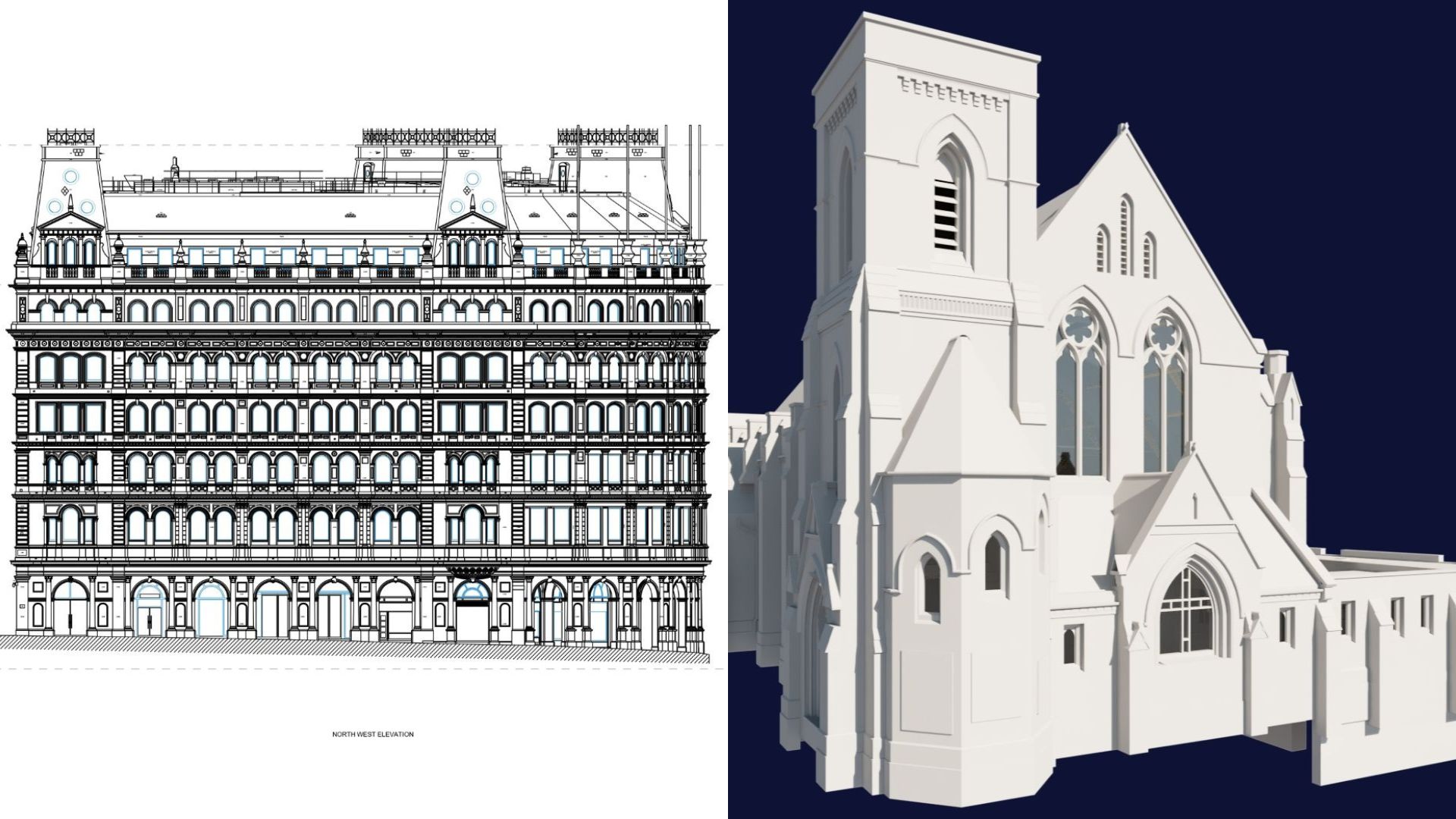 showing a 2D Measured building survey deliverable of a building, and a 3D BIM Model of a church