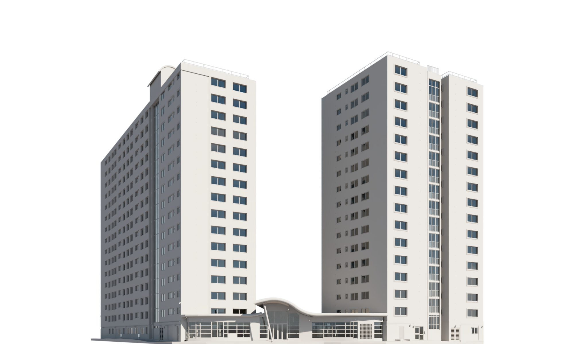 3D BIM Revit model of a residential block of two flats, illustrating precise architectural surveying