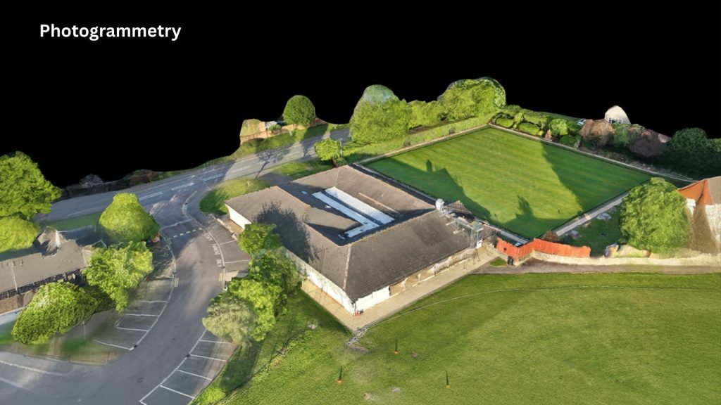 Photogrammetry model created from a drone survey showing an accurate 3D reconstruction of a building and surrounding site.