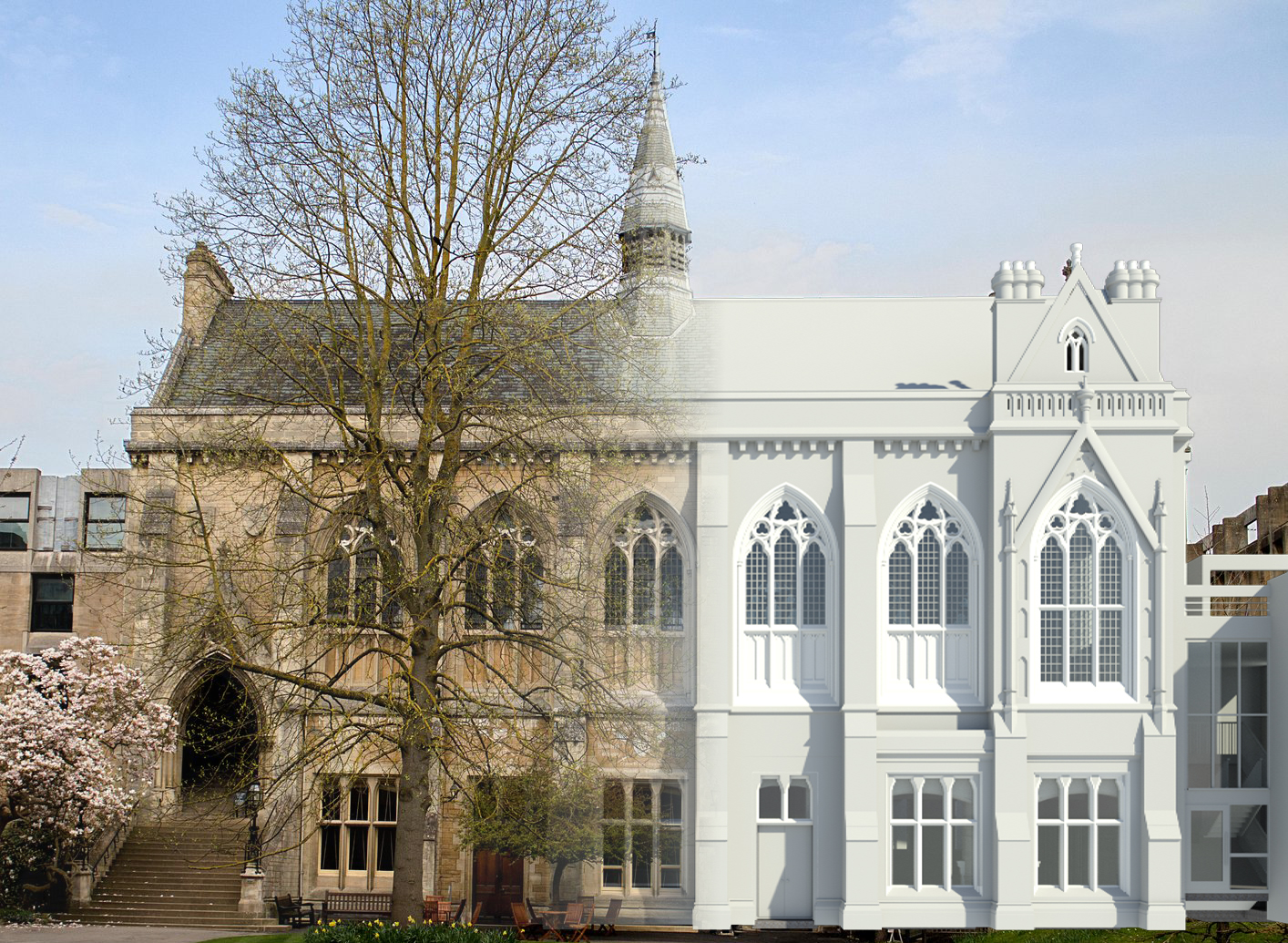 Historic UK academic building transforming into a 3D BIM Revit model, illustrating advanced surveying and digital modelling
