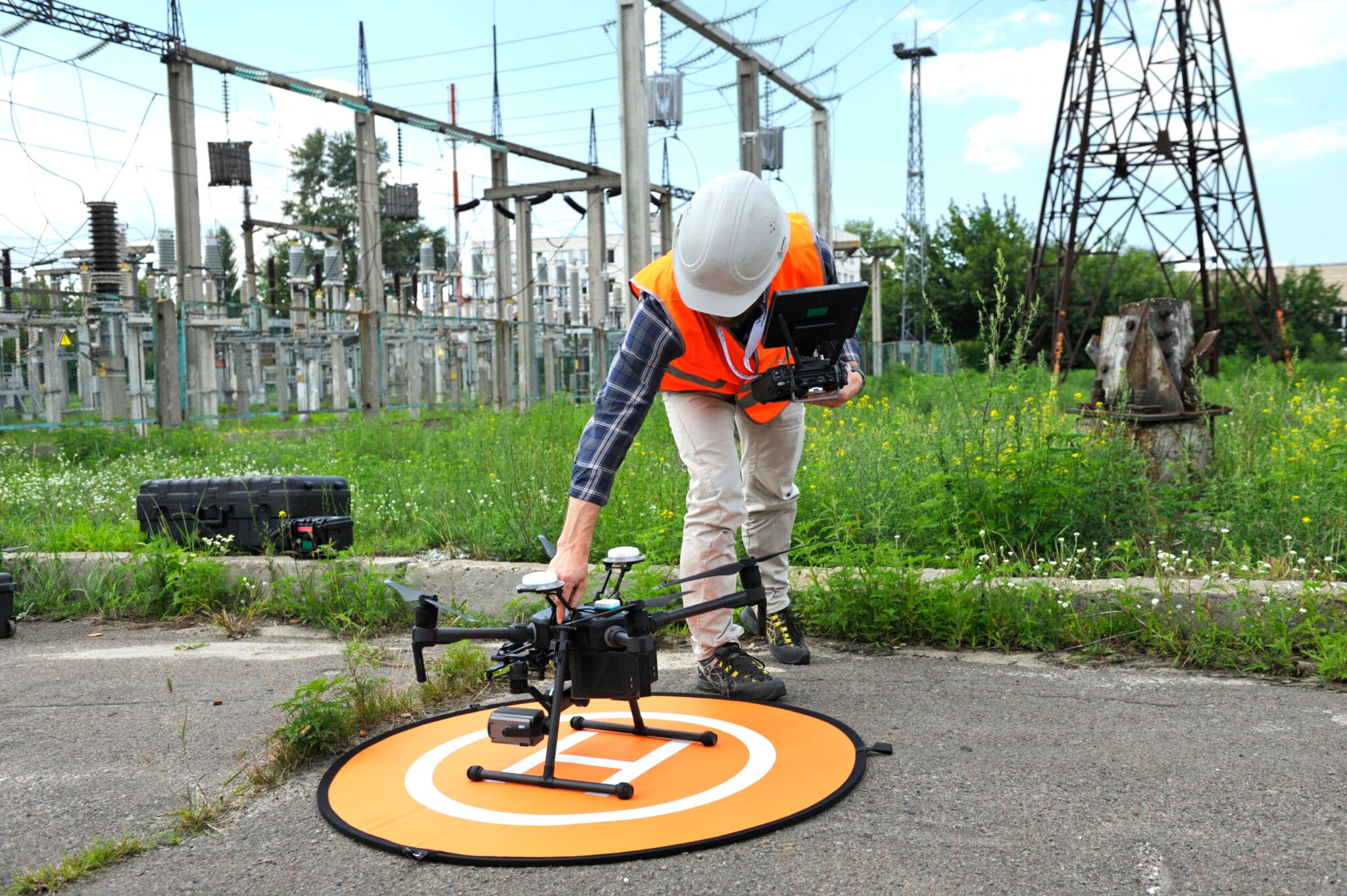 Operator preparing a drone for a drone survey before launch