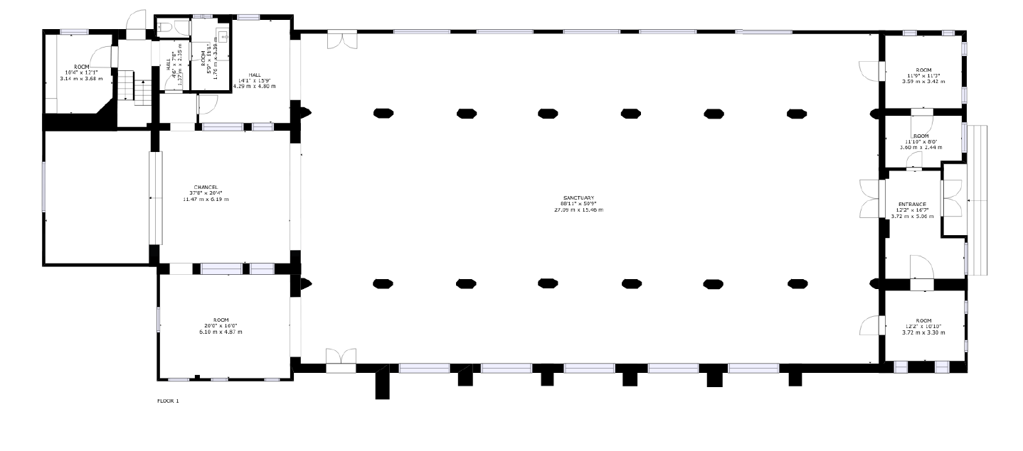 2D schematic plan of building floor layout showing spatial arrangements, annotations, and area calculations
