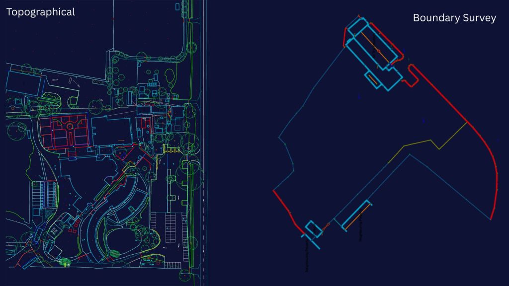 Topographical survey plan and boundary survey plan shown side by side, highlighting the differences between detailed site features and property boundary information.