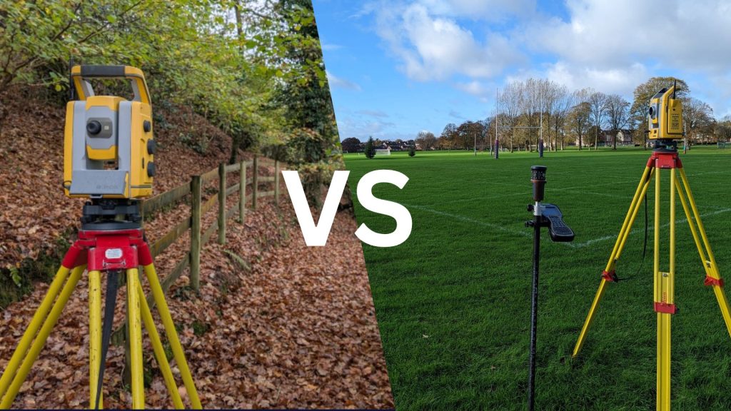 Split image showing total station and GNSS surveying equipment with the text "VS", illustrating the comparison between a topographical survey and a Land Registry plan.