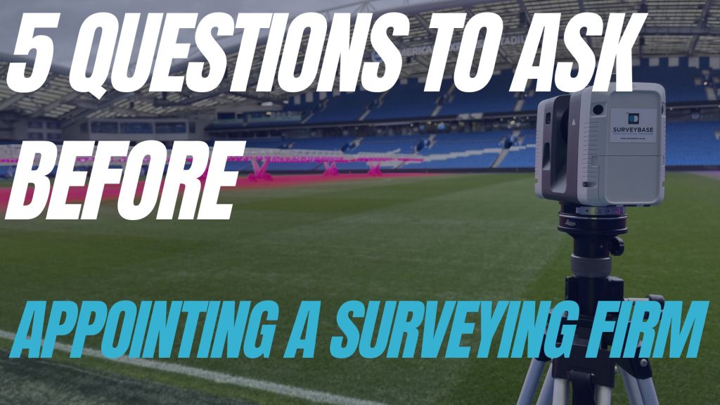 Surveying work at Monlax Stadium with text overlay reading "5 Questions to Ask Before Appointing a Surveying Firm"